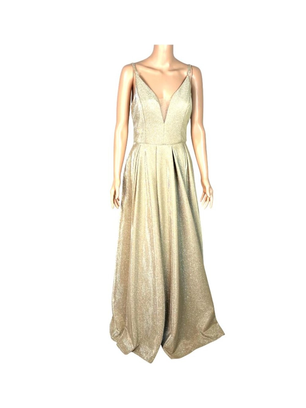Metallic Gold Evening Gown By B. Smart With Plunging Back V-Neckline Adjustable